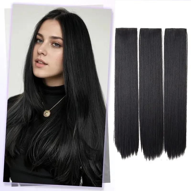24Inch Synthetic Long Straight 3pcs/set Hair Extension Invisible Hair Thickening Hairpiece for Women Daily Use