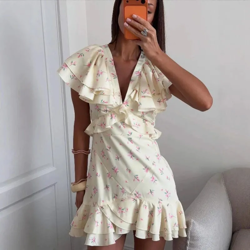 Talenza Elegant Printed Ruffle Dress Women's Summer Fashion Contrast V-Neck Patchwork Dress Vintage Party Women's Casual Dress