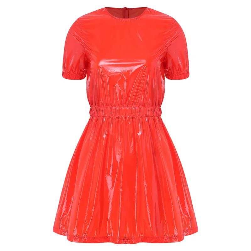 Women Waterproof Vinyl Regency Dress Victorian Party Sleep Dress Puff Short Sleeve Empire Waist Lapel Dress Nightgown Rave Party