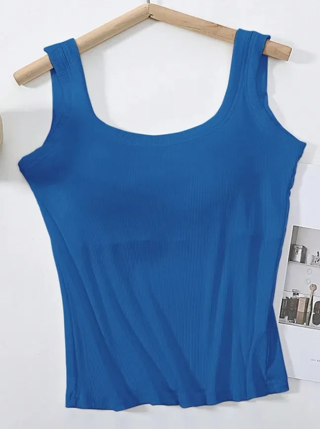 2026 Summer Women's Western-style One-piece Built-in Bra Ribbed Square Neck Slimming Versatile Outerwear Base Layer Tank