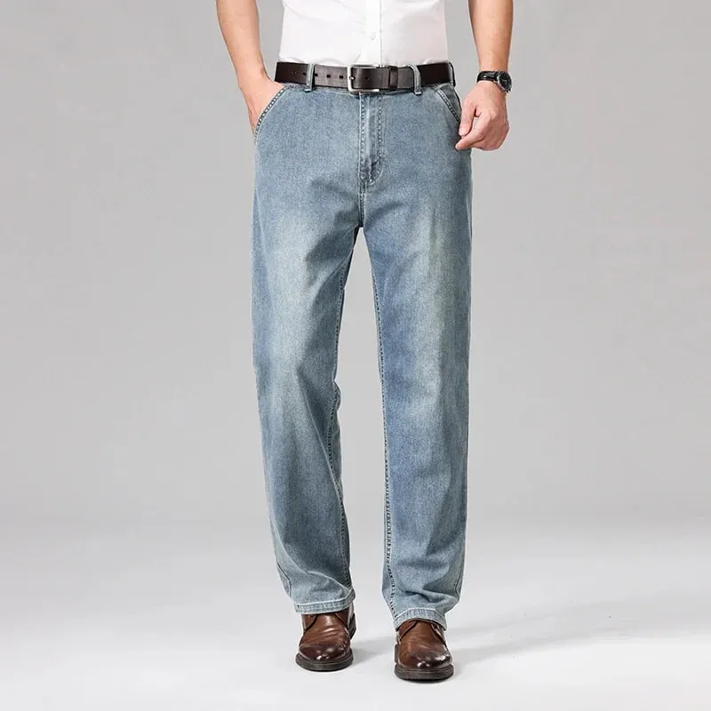 2026 Summer Men's Business Casual Thin Straight Jeans 90% Cotton Soft Stretch Fabric Baggy Denim Pants Male Brand Trousers