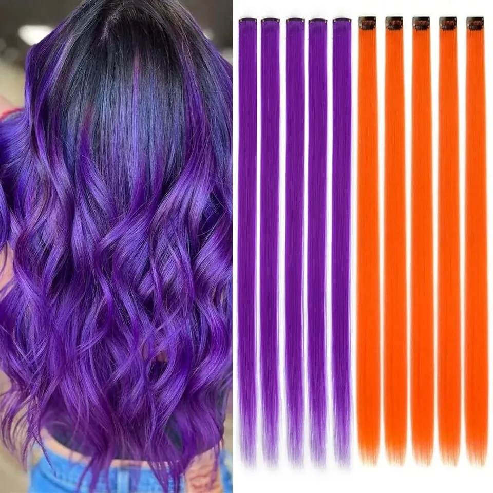 5PCS Long Straight Synthetic Purple Orange heat-resistant Hair Extensions Clip in 24 Inch Colored Party Highlights Hairpieces fo