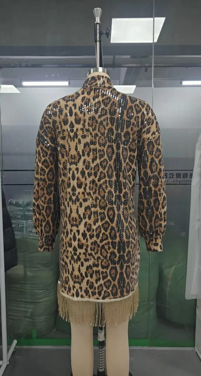 Autumn Winter Fashion Leopard Print Dress Casual Personalized Clothing Long Sleeved Sequins Tassel High Neck Pocket Short Dress