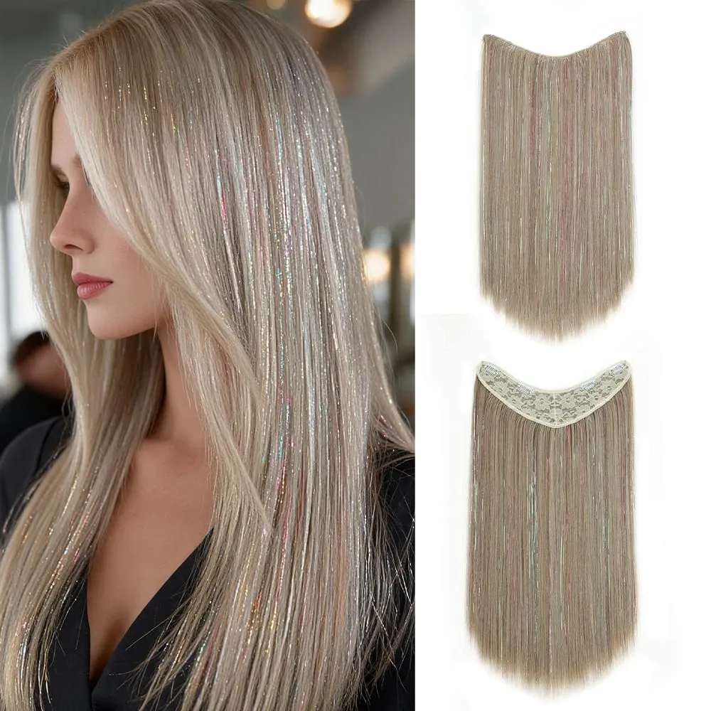 24Inch Synthetic Long Straight Clip‑in Hair Extensions Sparkling Tinsel Hair High‑Temp Fiber Hairpiece for Women Party Cosplay