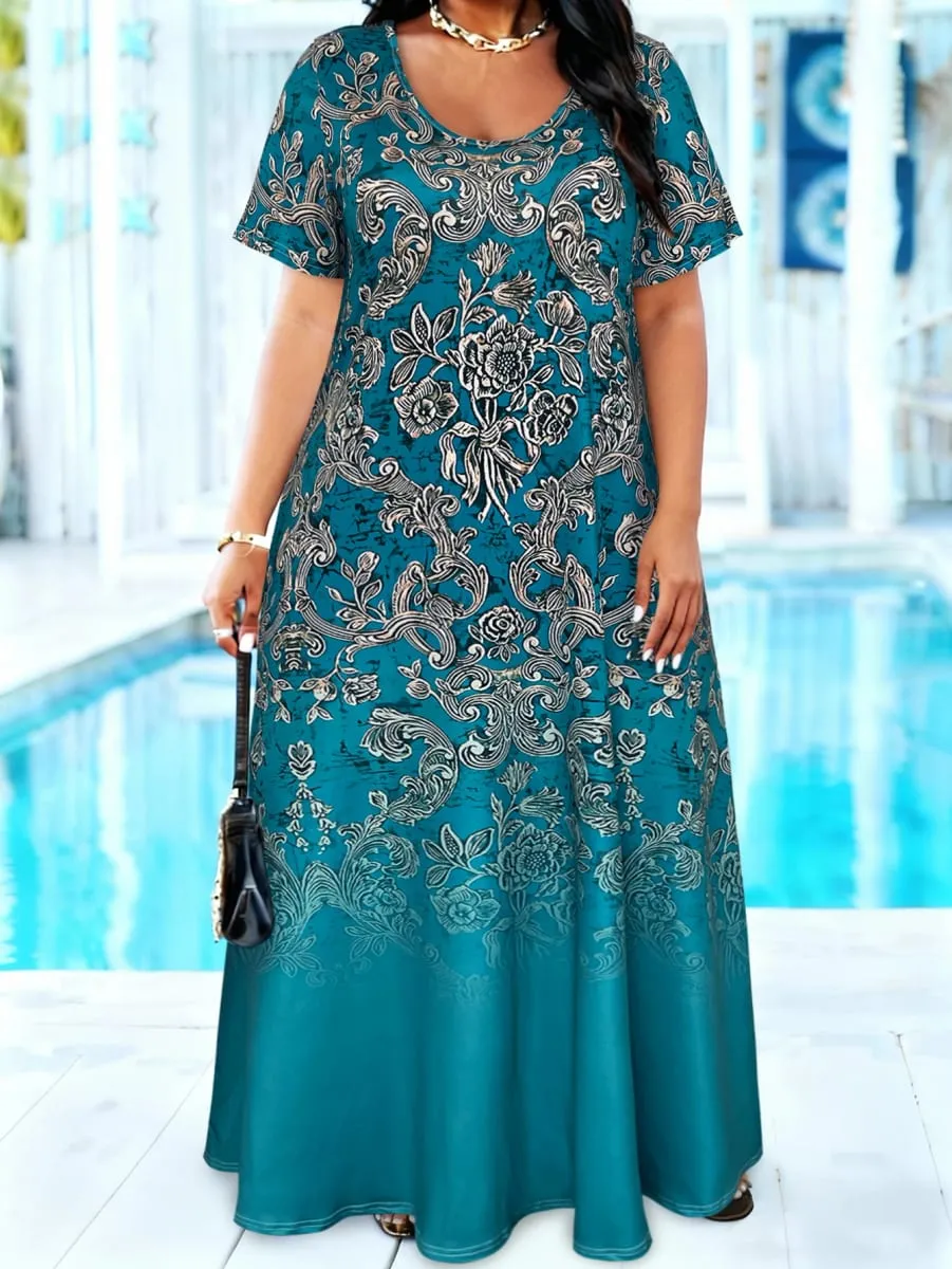 พลัสขนาด Teal Baroque พิมพ์ลายดอกไม้ Maxi Dress ฤดูร้อนลำลองแขนสั้นคอตักหลวม Long Sundress พร้อมกระเป๋า