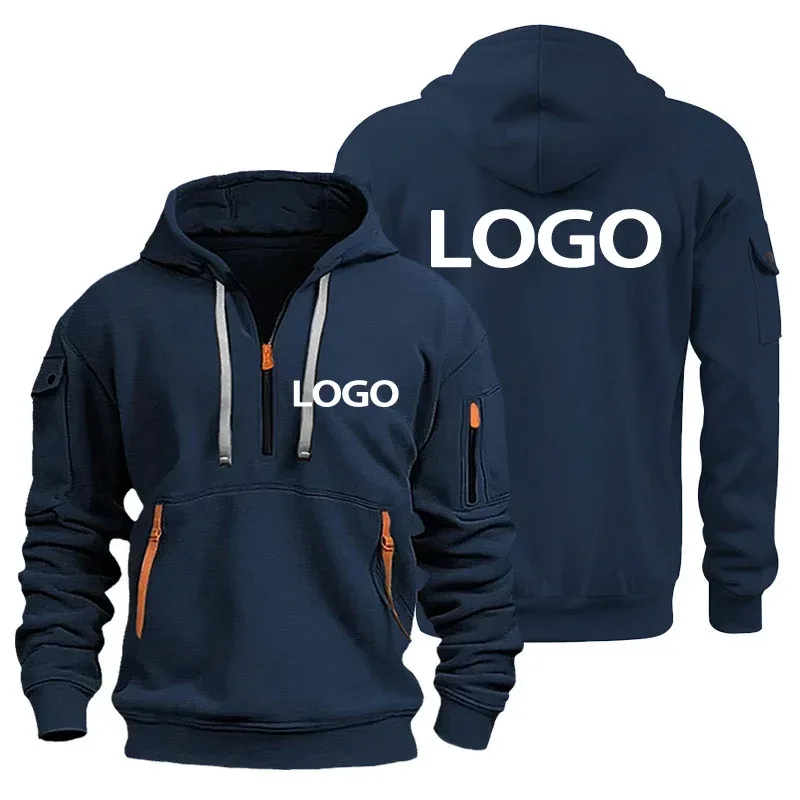 Neuer europäischer Herren-Sportpullover mit Reißverschluss und Armtaschen. Passen Sie Ihren Logo-Kapuzenpullover an und bedecken Sie ihn