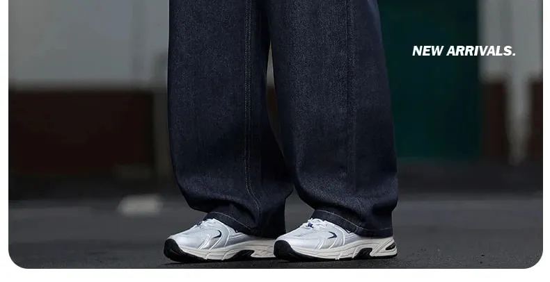 Loose American Retro Blue Jeans High Waist Wide Leg Denim Pants Half Elastic Waistband Casual Vintage Style Jeans