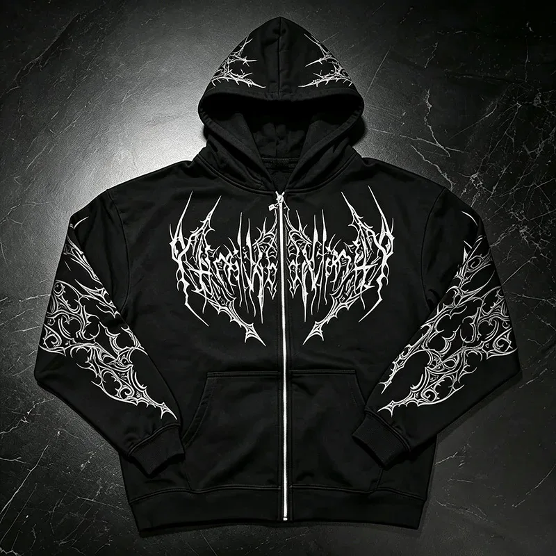 Men Alt Gothic Zip Up Hoodie Y2k High Street American Style Dark Thorn Print Fleece Lined Loose Biker Fall Winter Sweatshirt