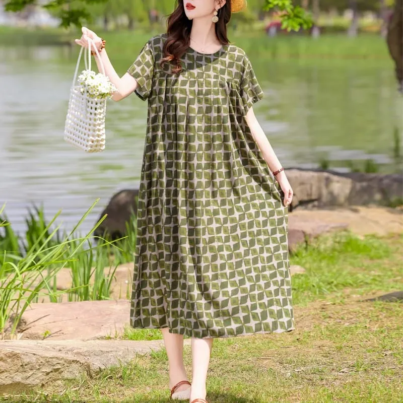 Yeni Moda Rahat 2026 Yaz Elbiseler Kadınlar Için Vintage Kısa Kollu O-Boyun Baskı Gevşek Çiçek Elbise Kadın Giysileri