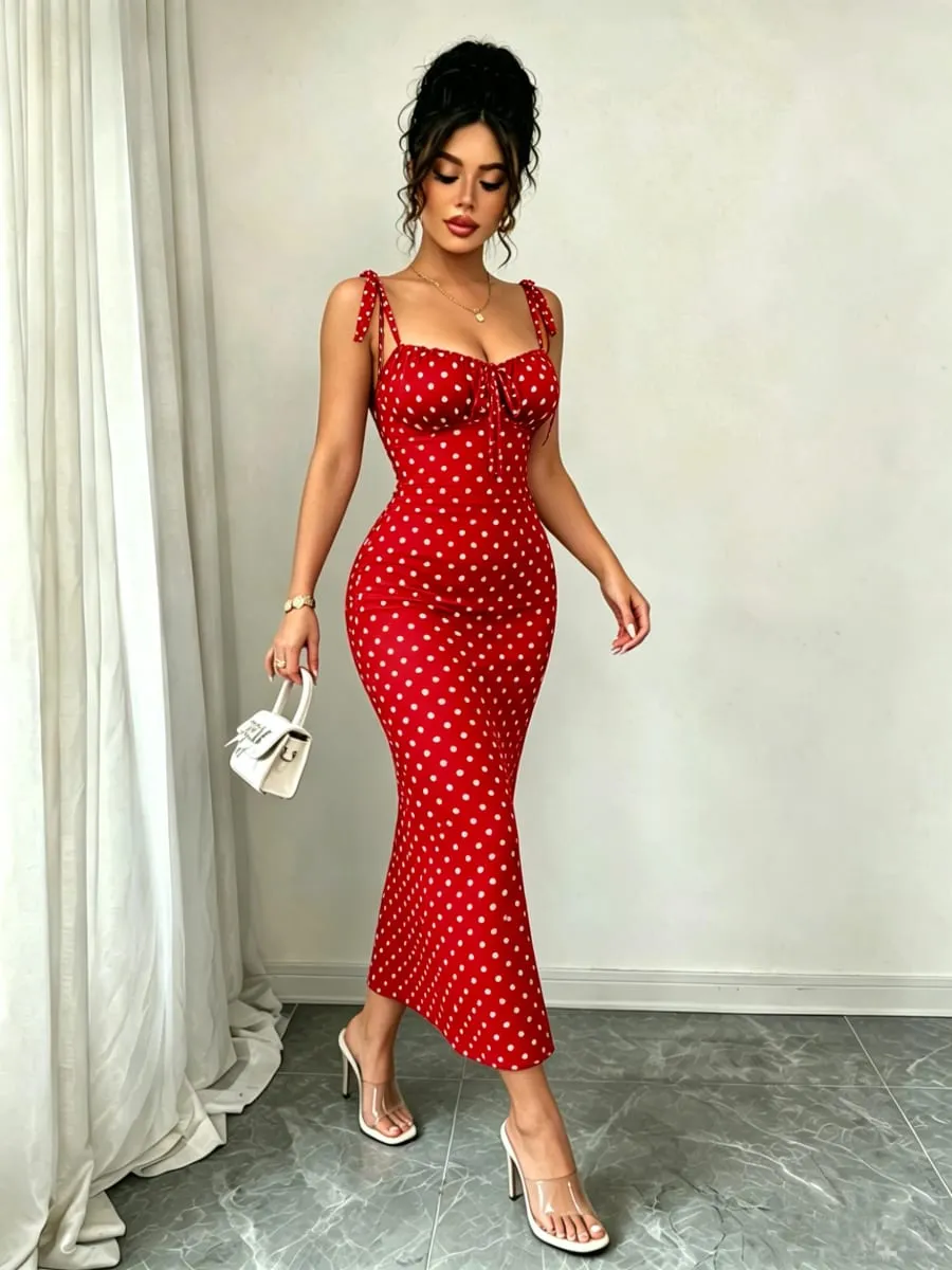 High-Elasticity Red Polka Dot Fishtail Skirt with Shoulder Straps + Chest Ruching for a Strong Waist Cinch Slim Fit Hip-Hugging Vintage Mid-Length Skirt