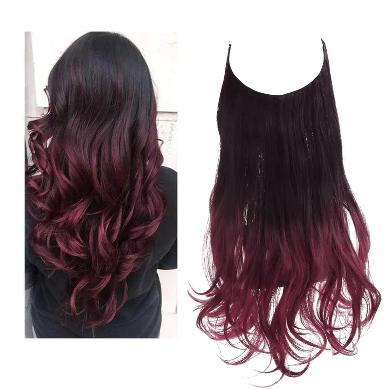 Sintético sem clipes na extensão do cabelo natural ombre preto loiro rosa uma peça onda longa fio invisível falso pedaço de cabelo