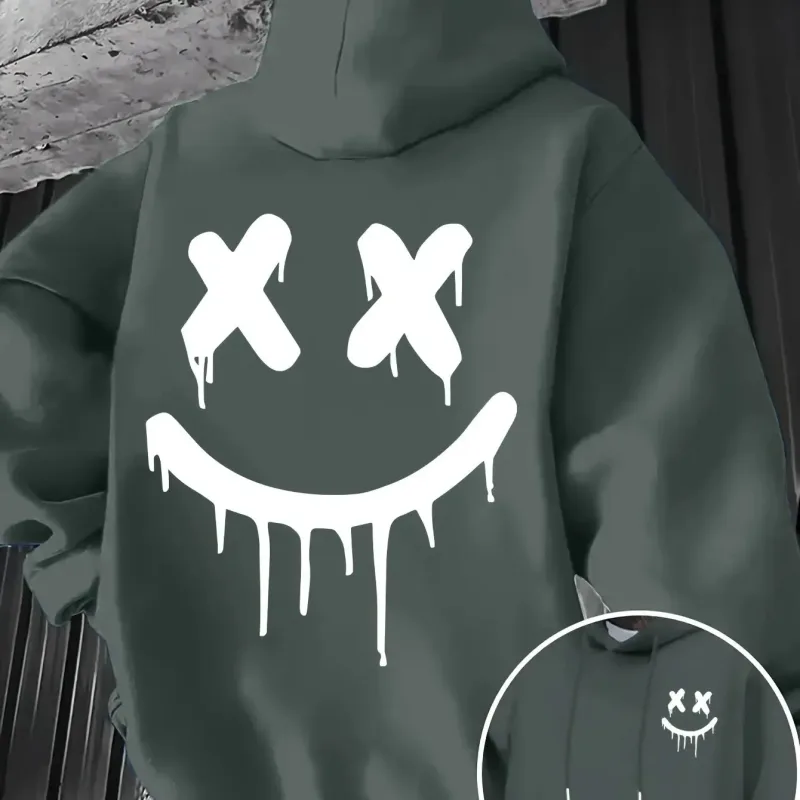 Smiley face print men's and women's autumn winter trendy printed hooded fleece sweatshirt front back casual hoodie
