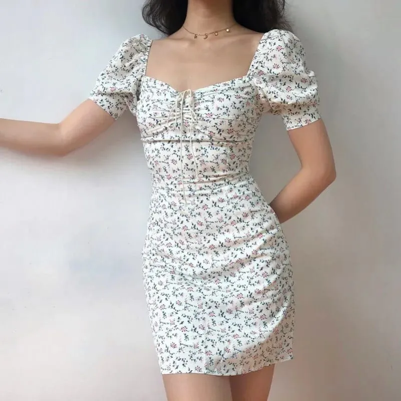 Women Summer Floral Puff Sleeve Dress Girls School Tie-Waist Slimming Short Dress Woman Casual Dress Teen Ladies Beach Vacation