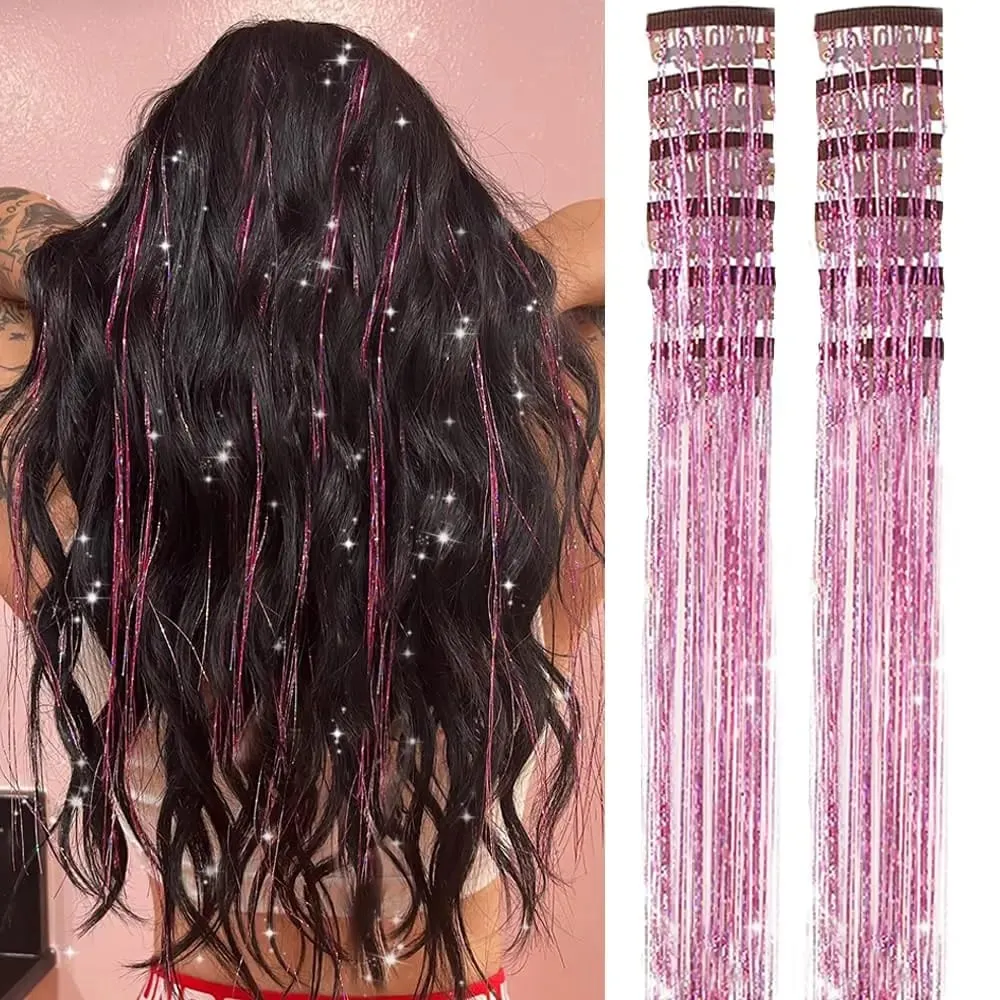 12 Pcs Colorful Clip in Hair Tinsel Extensions Fairy Glitter Hair Accessories synthetic 20‘’ Party Kit for Women Girls Kids
