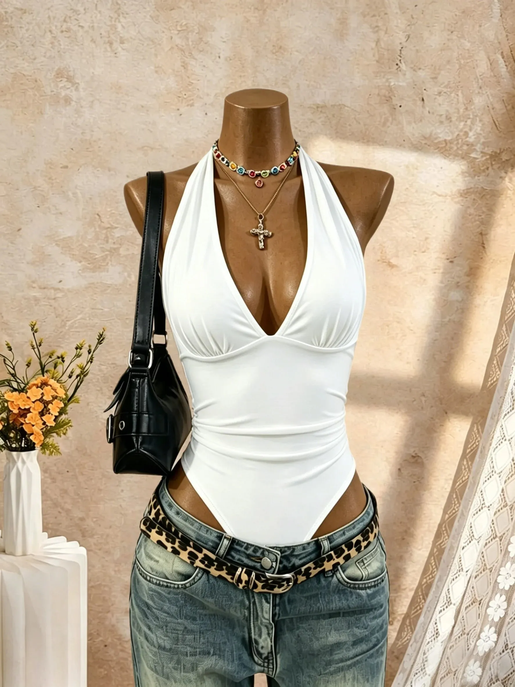 Women Halter Deep V Neck Ruched Slim Fit High Cut Bodysuit 2026 Summer Y2K Streetwear Sleeveless Tank Top
