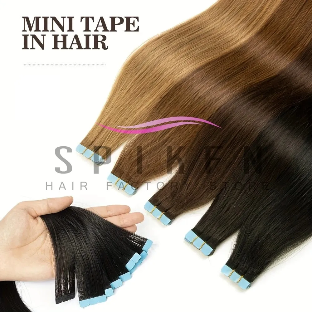 Mini Tape In Human Hair Extensions 12"-20" Machine Remy Skin Weft Adhesive Tape Hair Natural Black Tape Ons 10pcs for Women