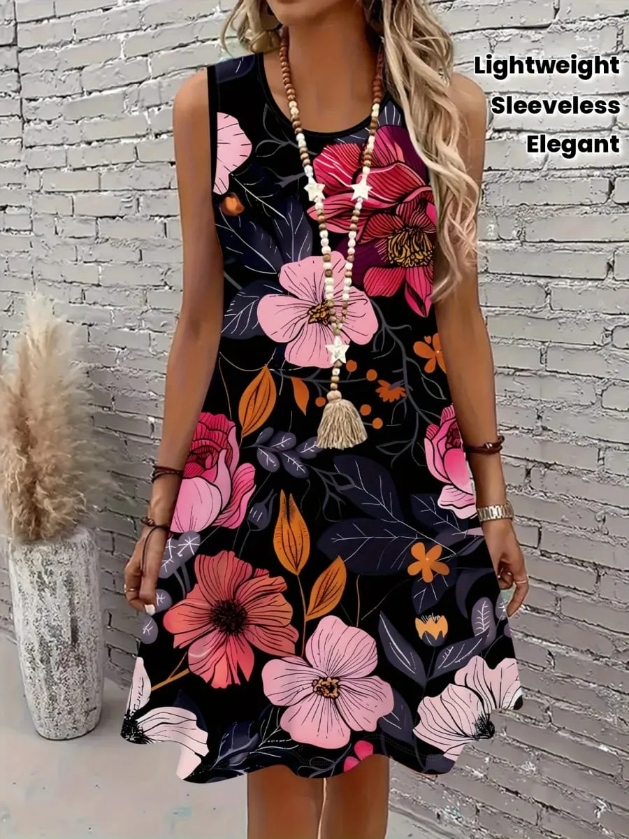 2026 New Elegant Black Floral Dress Women Sleeveless Slim Fit Sundress Stylish Flower Print Office Lady Casual daily Dresses