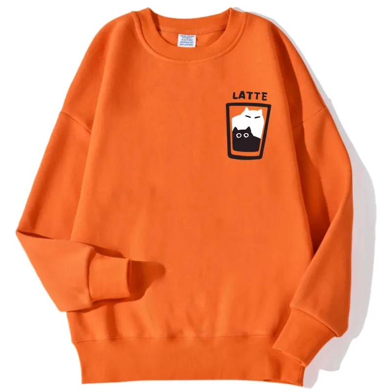 Cat Latte Cartoon Design Men Sweatshirt Fashion Casual Hooded Vintage Loose Hoodies Korean Fleece Clothing