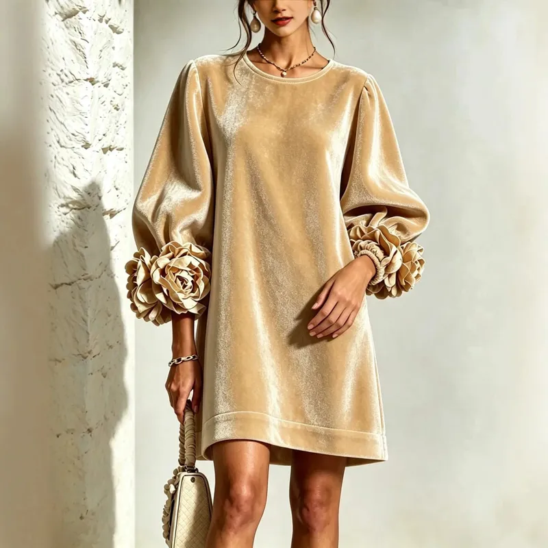 Autumn Winter Women Velvet Mini Dress O Neck Puff Long Sleeve 3D Flower Cuff Decor Loose Casual Hot Hit Fashion Short Dresses