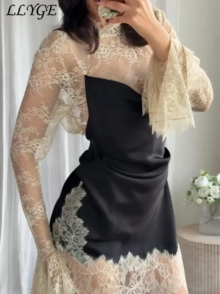 Elegant Lace Patchwork Short Dress Women See Through High Collar Flare Sleeve Party Dresses 2025 Autumn Lady Evening Robes