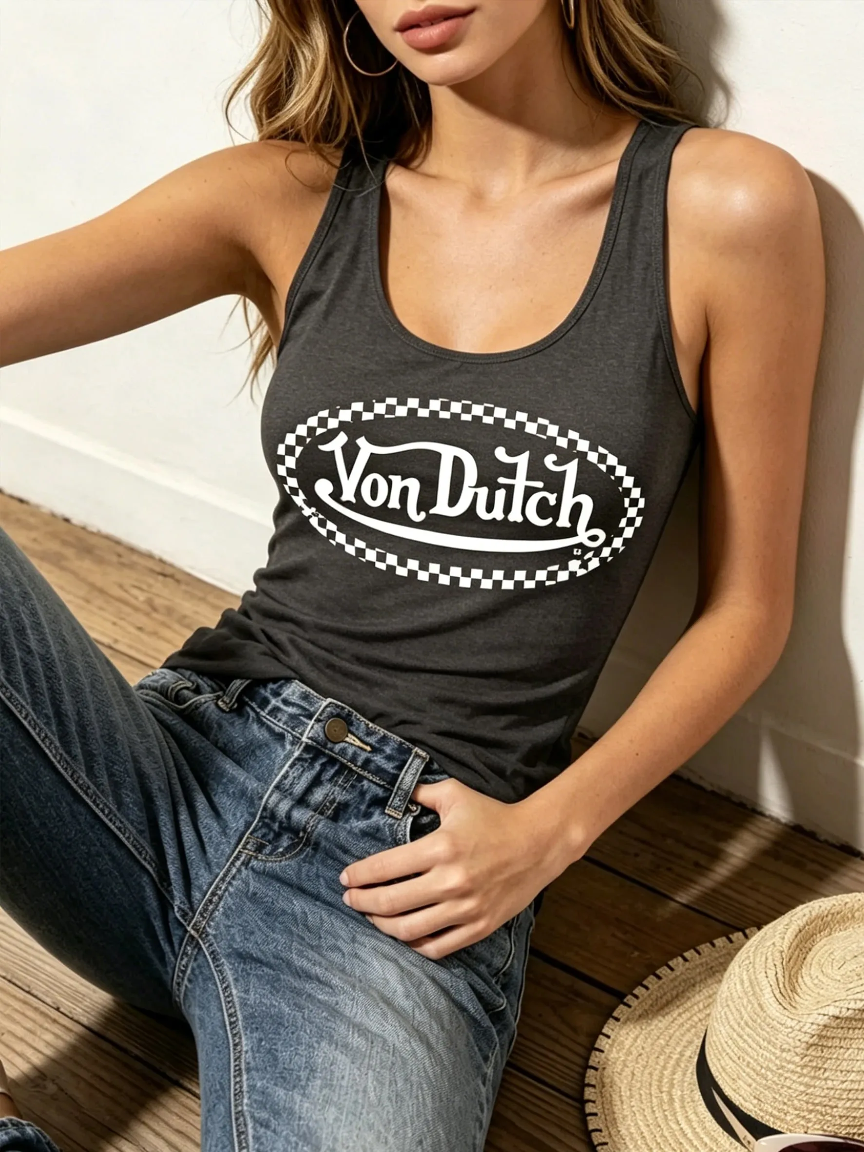 Women's Y2K American Street Retro-Style Checkered Border Printed Casual Tank Top for Summer Sports Use