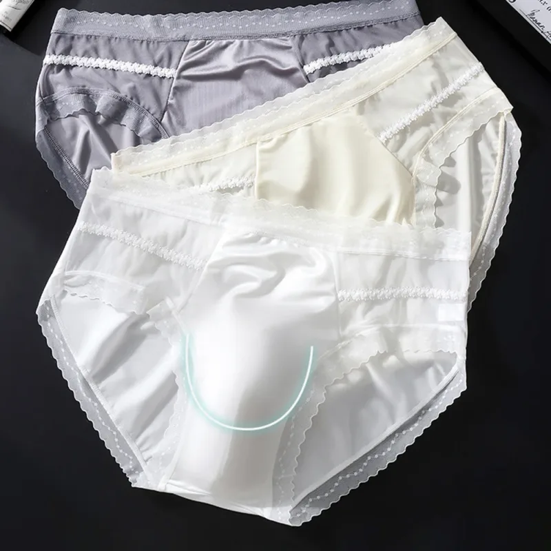 Men's Sexy Lace Thin Seamless Ice Silk Briefs Underwear 3D Bulge Pouch Panties U Convex Sexy Underwear Ice Silk Lace Thin