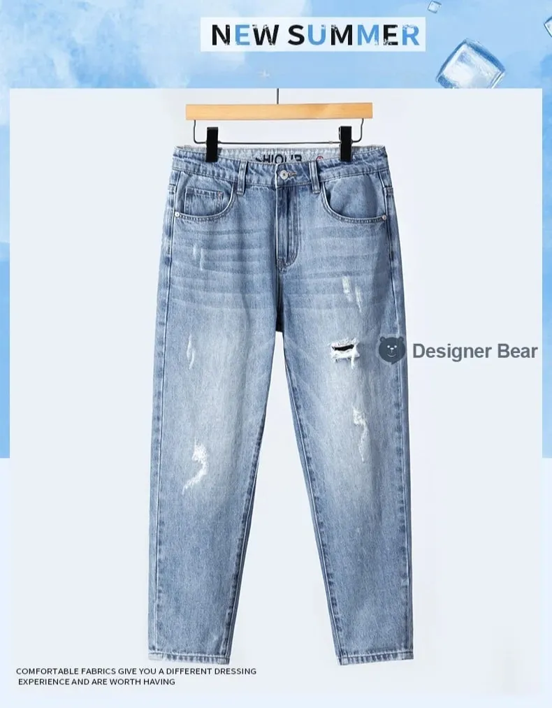 2026 Men's Spring Summer Ripped Hole Jeans Korean Style Straight Leg Casual Harem Denim Pants Distressed Washed Baggy Trousers