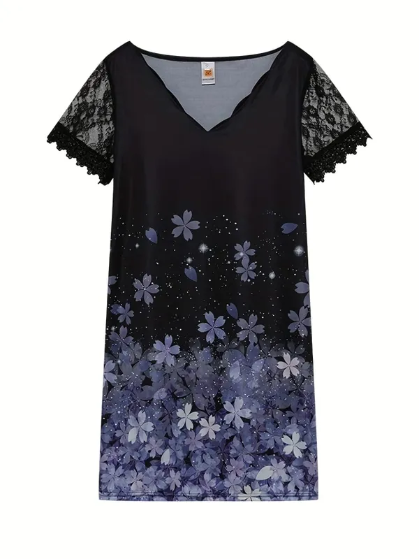 2026 New Women's New Positioning Printing Wave V-neck Lace Short-sleeved Dress