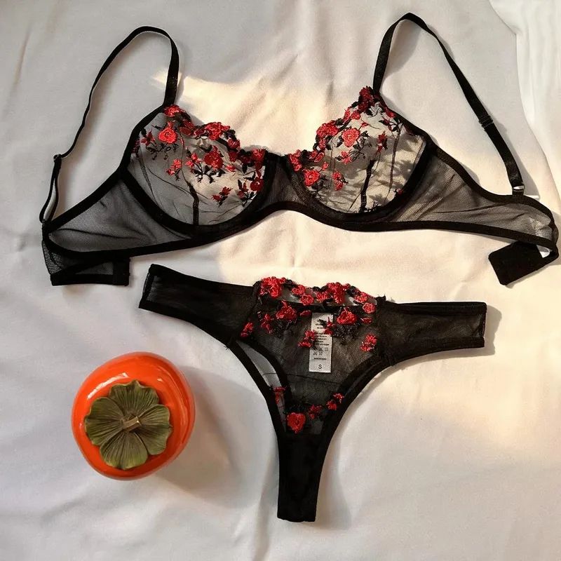 Purple Fancy Lingerie Set Women Embroidered Flower Bra and Panty Underwear Female Outfits