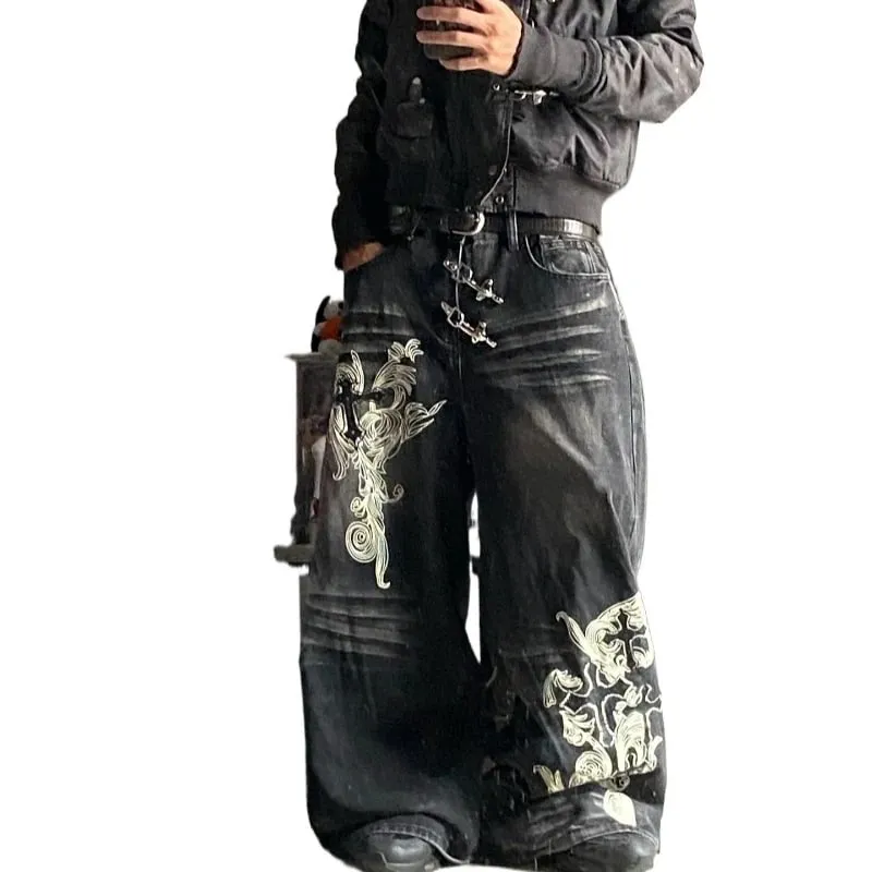 American Vintage New Pattern Printing Black Baggy Jeans Men Y2K Gothic Harajuku Hip Hop Popular Casual Joker Wide-leg Pants