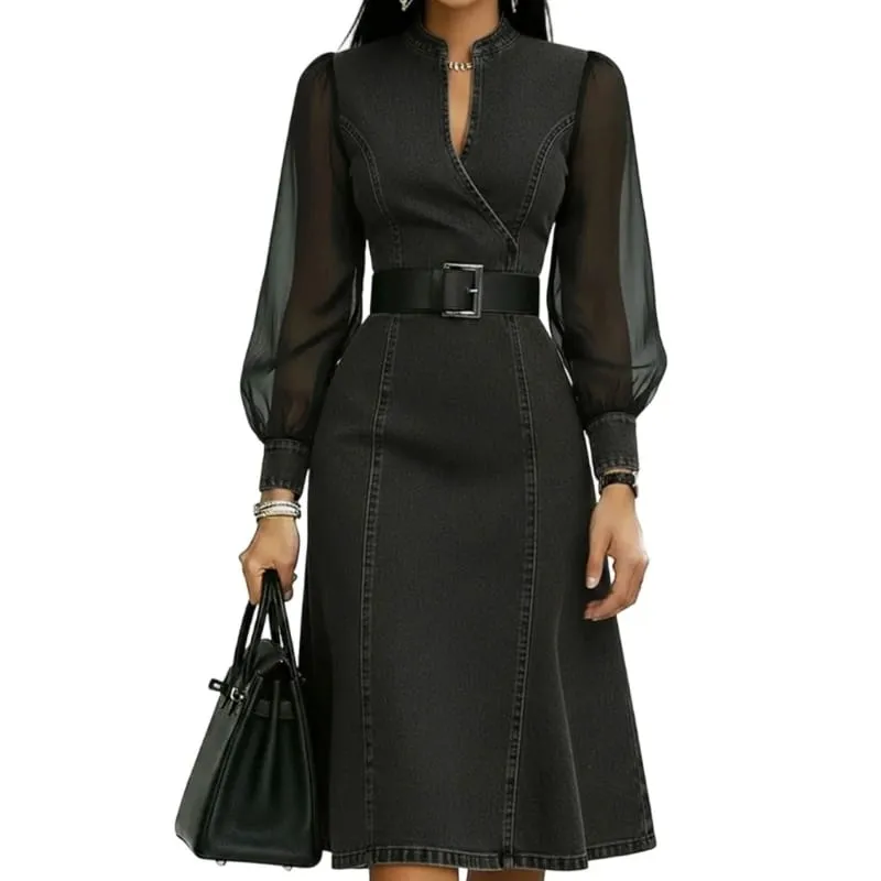 2026 Summer V Neck Waist Long Sleeve Dress for Women Lightweight Polyester Casual A Line Dresses Elegant Flattering Fit