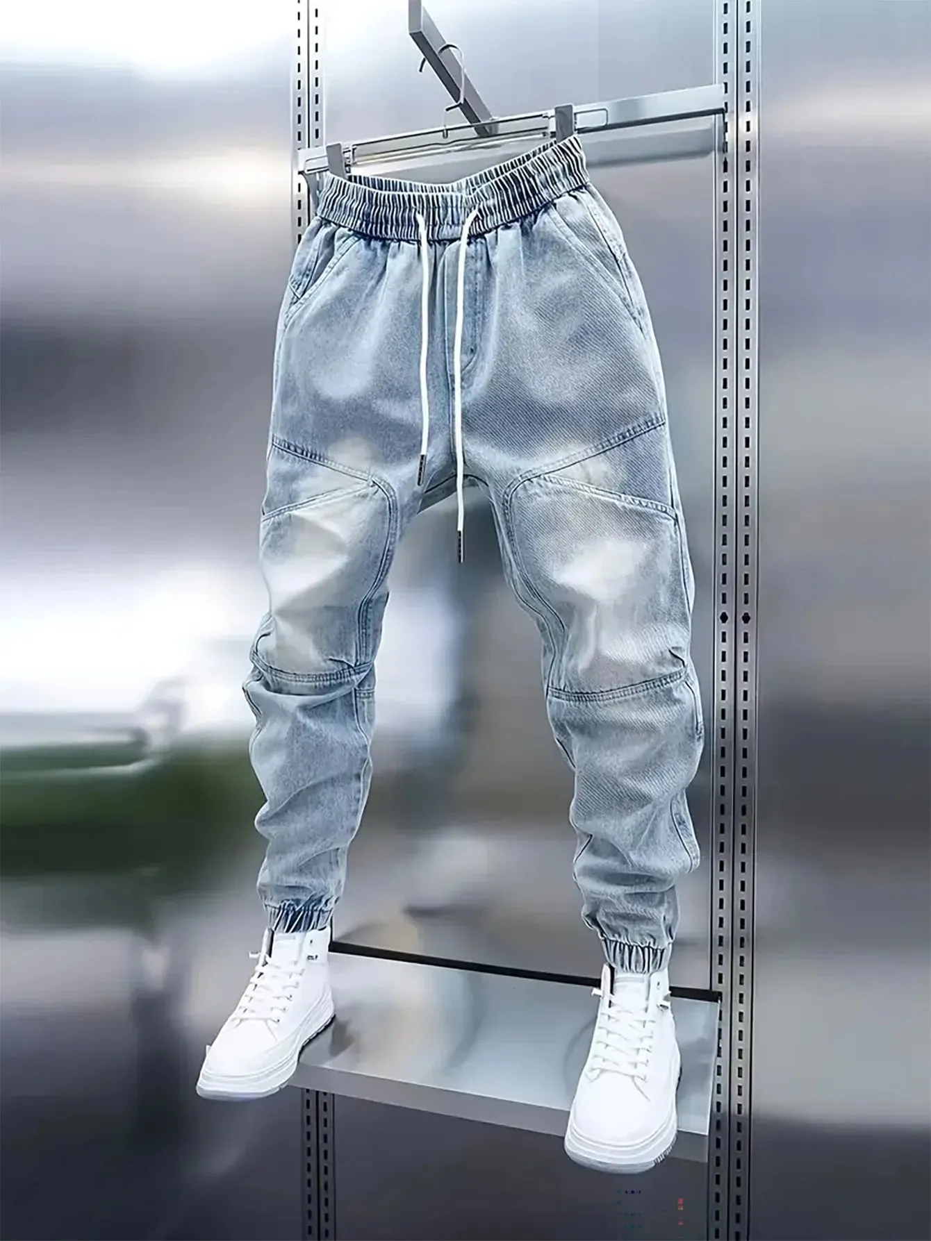 Men's New Drawstring Elastic Waist Light Blue Cuffed Baggy Jeans