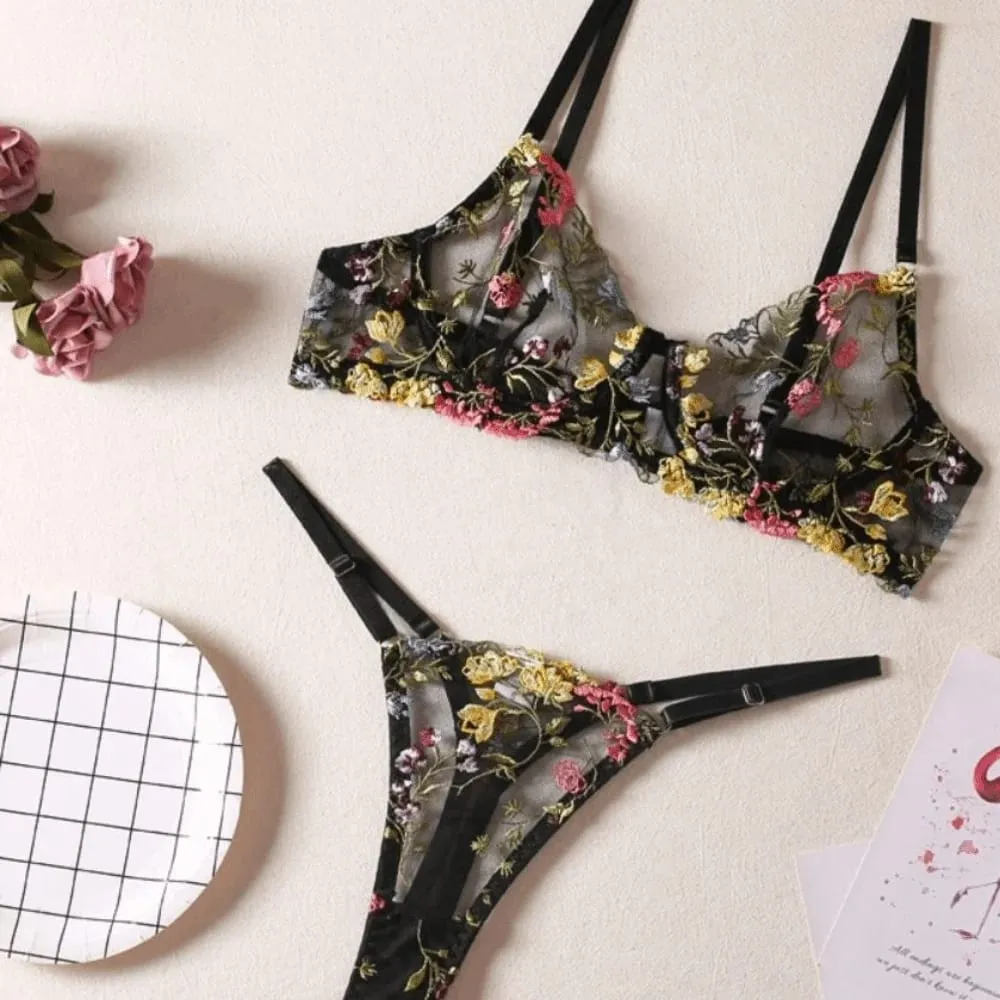 2-Piece Sexy Floral Lingerie Set Embroidery Sheer Women Underwear Intimates
