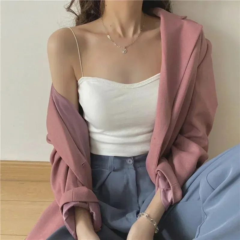 Atasan Vest Musim Panas Wanita Tanpa Lengan Kapas Atas Tiub Berbalut Tapak Rompi Atasan dengan Pad Payudara Atasan Anjal Lembut Yang Boleh Ditanggalkan Lancar