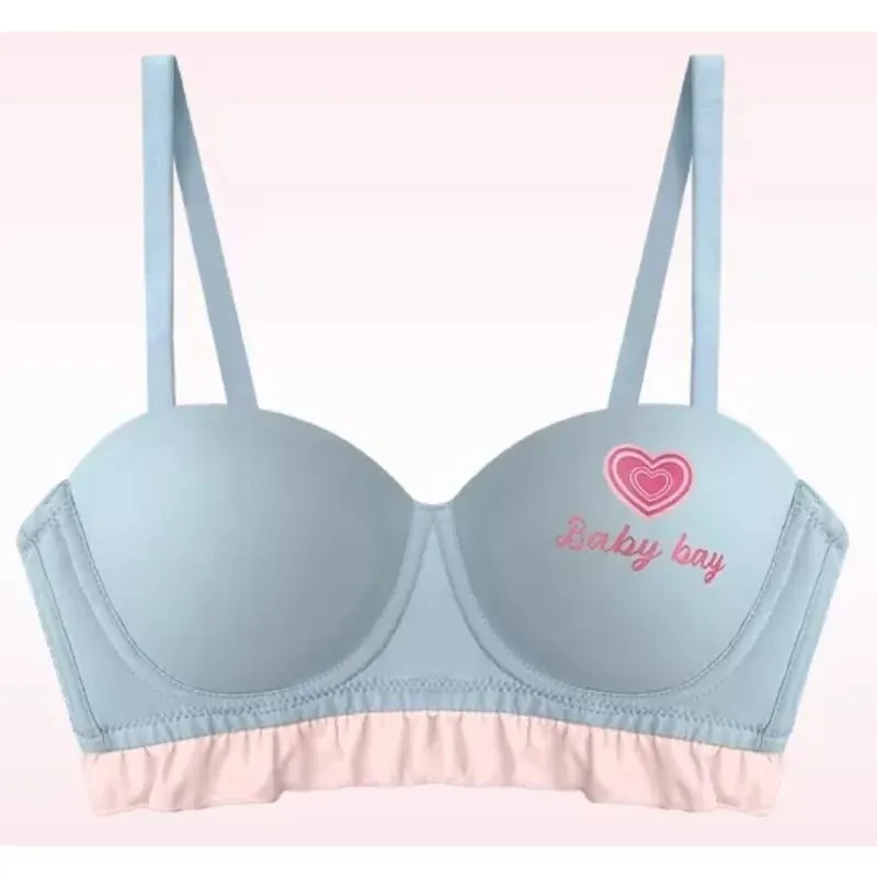 Sutiã sem fio sem costura, coração azul, redondo, meia xícara, lingerie para peito pequeno, push up, sem arame, sexy, íntimo