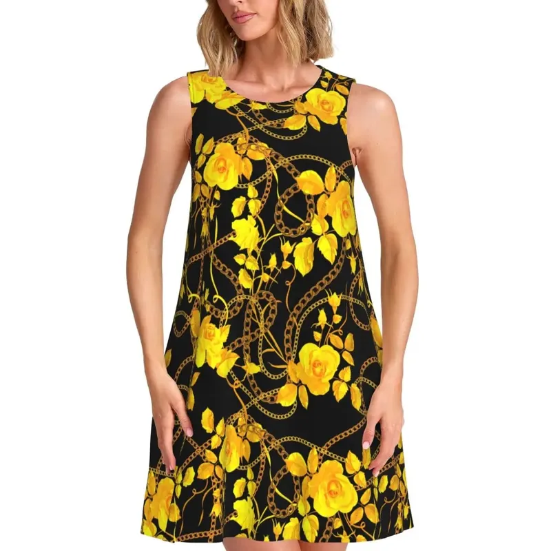 Gold Chain Casual Dress Vintage Print Korean Fashion Dresses Sleeveless Cute Dress Cheap Crew Neck Female Print Clothes