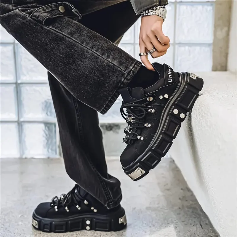 Shoes for Men Metal Punk Platform Sneakers Fashion Designer Brand Thick Soled Board Shoes Clunky Leather Shoes Zapatos De Hombre