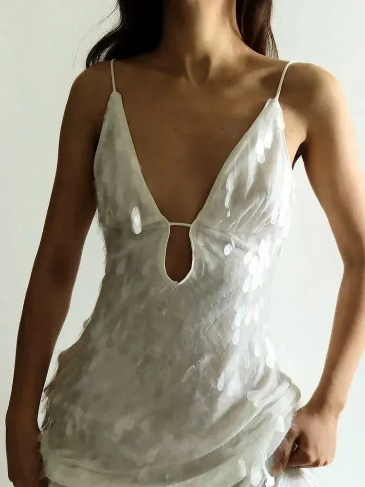Women Solid Sequin Sling Maxi Dress Fashion V-neck Sleeveless High Waist Backless Dresses New Summer Vacation Party Robes 2025