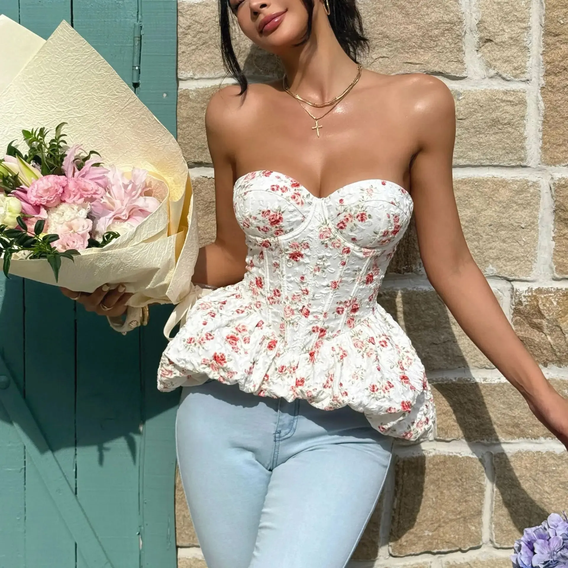 French Style Print Hotsweet Corset Top Women Strap Sleeveless Shapewear Bohe Camis Strapless Floral Holiday Beach Top