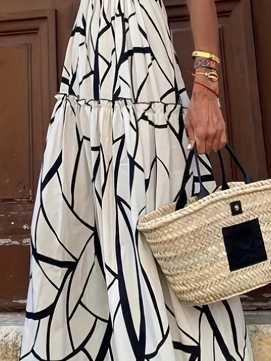 Women's Printed V-Neck Dress Short Sleeved Ruffle Design Long Skirt Leisure Elegant Beach Vacation Fashion
