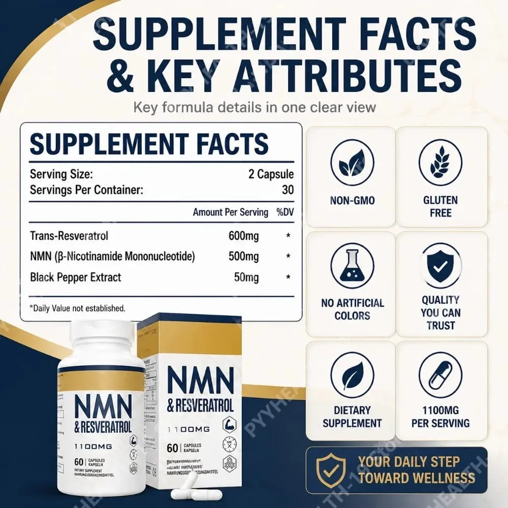 NMN & Resveratrol Supplement – 1100mg Capsules for Cellular Health DNA & Telomere Support with Black Pepper Extract – 60 Ct