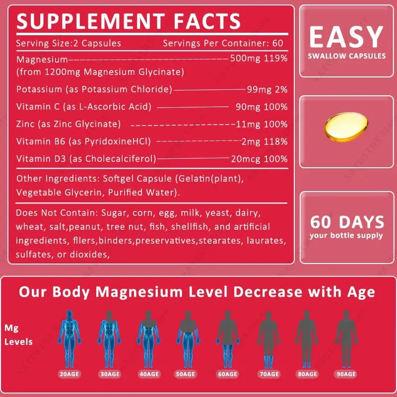 Magnesium Glycinate Capsules with Zinc Potassium for Muscle Heart Bone Immune System Health