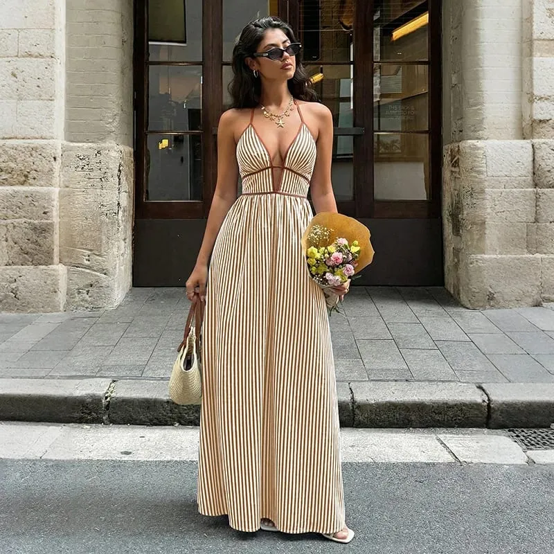 2026 Summer New Style Deep V-neck Striped Beach Dress Sexy Backless Sleeveless Neckline Long Dress