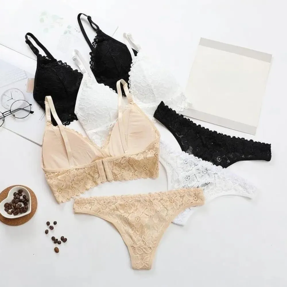 Underpants V Neck Lace Flower Bra Set Solid Color Thong Floral Panties Bra Kit Lingerie T-Back Lace Underwear Women
