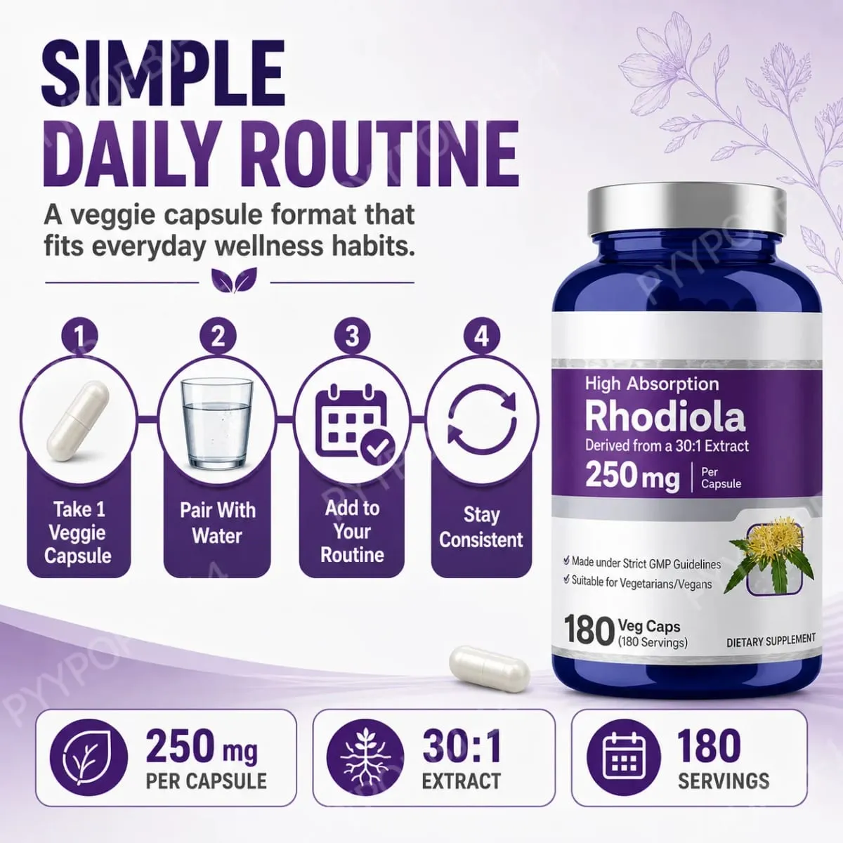 Rhodiola Rosea Supplement 180 Capsules 250mg Plant Extract per Serving Stress Reduction Energy Boost Cognitive Function Support