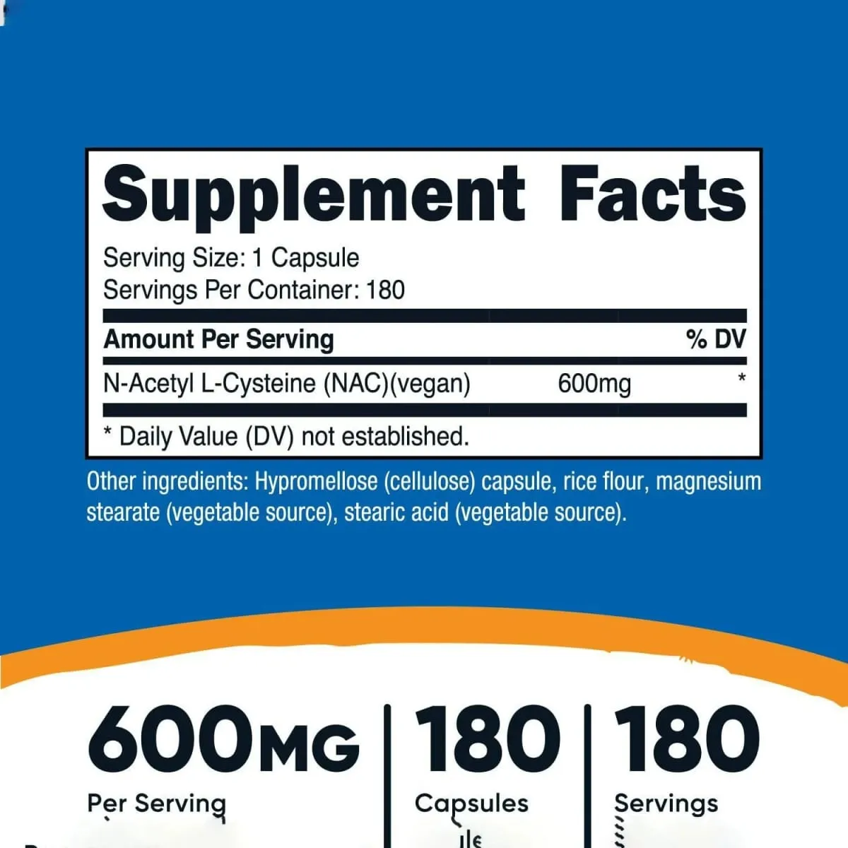 Nutricost N-Acetyl L-Cysteine (NAC) 600mg NAC + Glutathione Supplement To Support Skin Health - Antioxidant Supplement 180 Caps