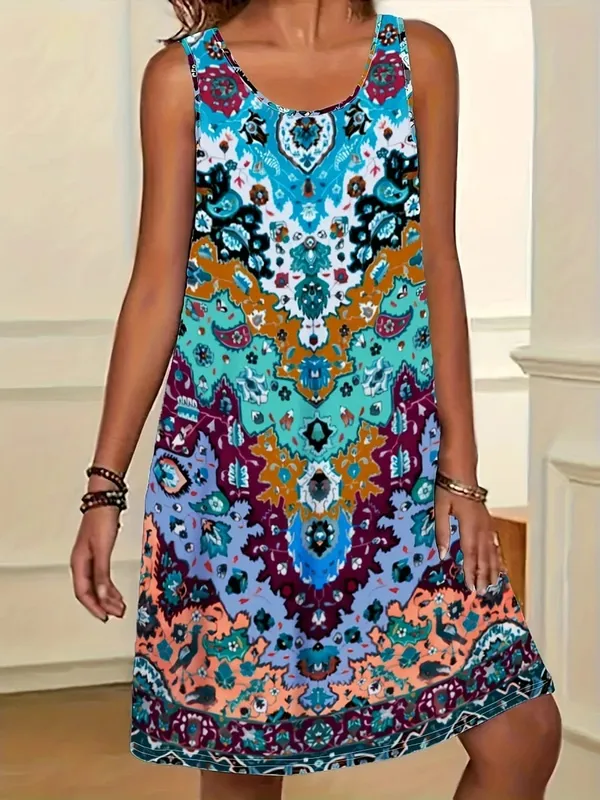 2026 Summer Women's Sleeveless Dresses Knee-Length Round-Neck Dresses Beach and Vacation Casual Dresses Printed Women's Dresses