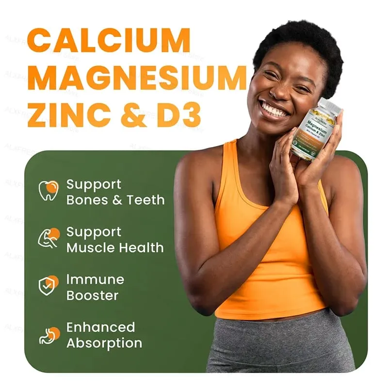 Calcium Magnesium Zinc Capsules with Vitamin D3 for Strong Bones & Teeth | Heart Nerve & Immune Function Health Support