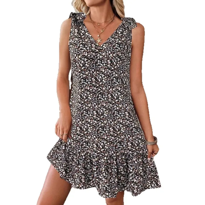 Summer Woman Dress Floral Chiffon Midi Dresses Women's V Neck Sundress Boho Spaghetti Strap Dress Ruffle A Line Pastel Floral