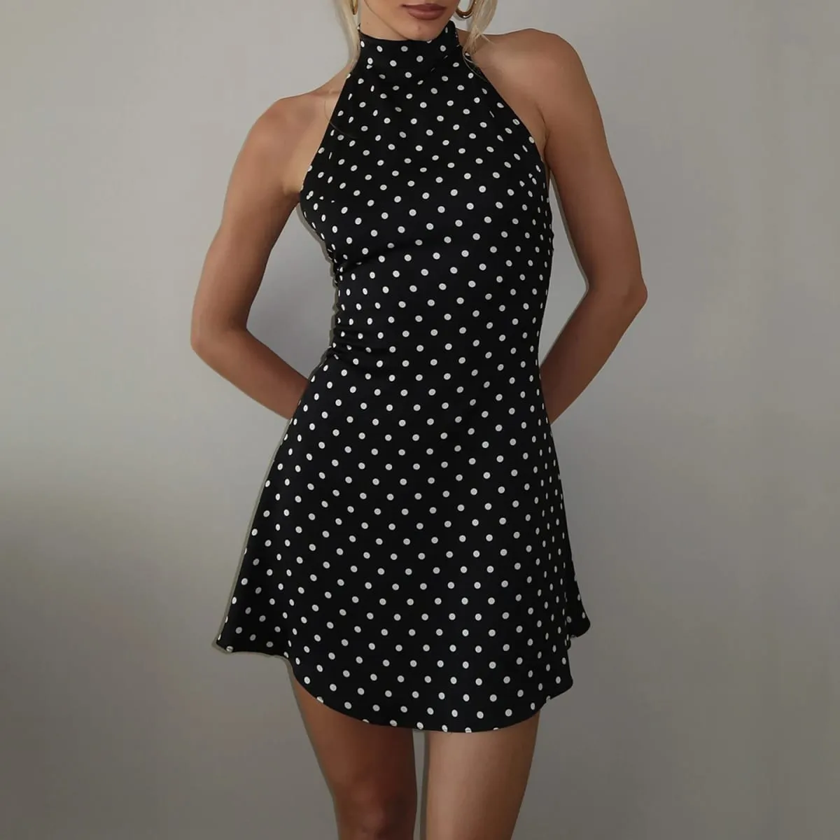 Sexy Polka Dot Print Halter Dress For Women Elegant Party Slim Backless Sleeveless Mini Dress Summer Vacation Outfits